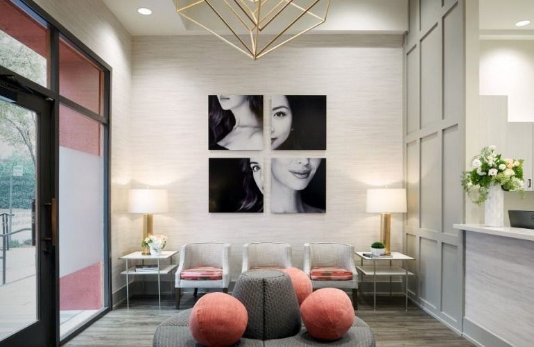 Modern lobby with art and contemporary seating.